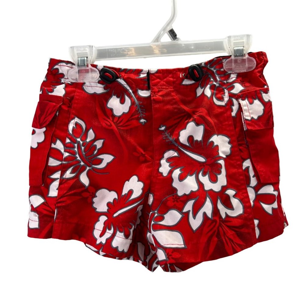 Royal Creations Hawaiian Cargo Shorts size 8 Kids Red Floral Cinch String Zip